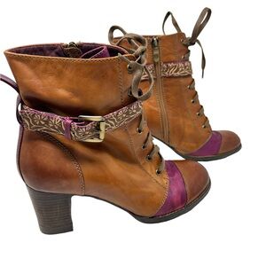 L'Artist Springstep hand painted Loreto Leather chunky heel Bootie Brown Multi